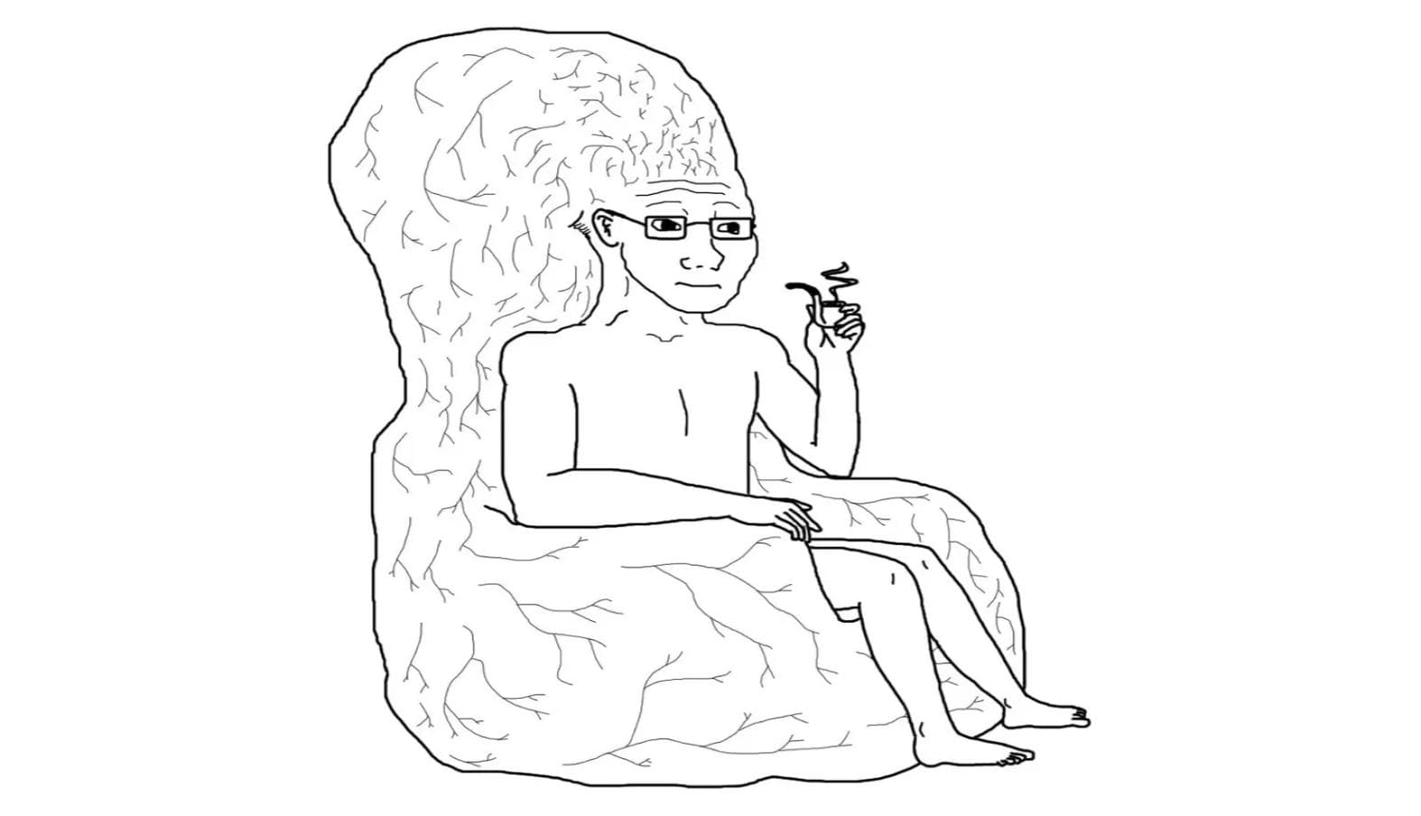 Big Brain Wojak sitting on his impossibly enormous brain, calmly smoking a pipe